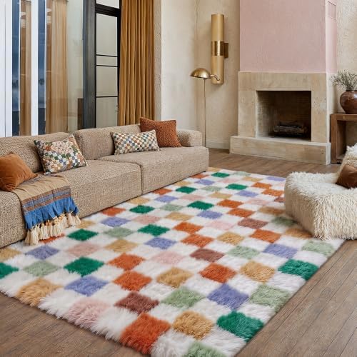 PureCozy Colorful Area Rug 6x9 for Living Room Soft Checkered Shag Carpet - Image 4
