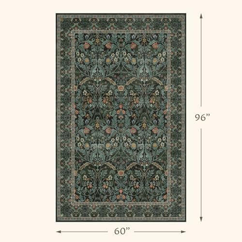 Dark Green 5x8 Dining Room Rug, Floral Washable Soft Non Slip Area Rugs for Living Room Bedroom Home Office Classroom, Vintage Indoor Décor, Botanical Pattern (Olive Green) - Image 2