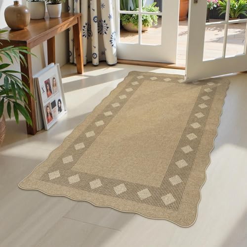 LIVEBOX Scalloped Easy Jute Diamond 3x5 Outdoor Rug, Washable Non-Slip Tan Rugs for Entryway, Geometric Checkered Indoor Outdoor Rug Farmhouse Carpet Door Mat for Patio Porch Bedroom Living Room by LIVEBOX