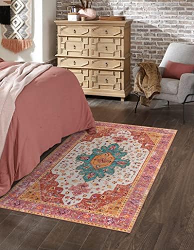 Moynesa Ultra-Thin Washable Vintage Area Rug - 3x5 Boho Girls Bedroom Non-Slip Non-Shedding Oriental Medallion Living Room Mat Indoor Carpet for Office Nursery Room, Pink/Teal/Multi - Image 5