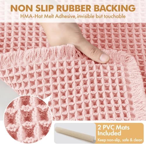 MIULEE Set of 2 Waffle Bathroom Rugs Boho Bath Mat Pink 17"x24"+18"x30" - Image 5
