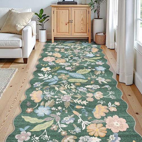 4x10 Washable Runner Rug for Hallway: Scalloped Floral Kitchen Rugs Green - Image 2