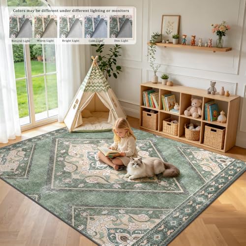 5x7Ft Boho Washable Rugs for Living Room, Green/Multi Thin Bedroom Area Rugs Non Slip, Moroccan Soft Kids Nusery Area Floor Carpets for Dining Room Playroom Kitchen Home Office Decor - Image 5