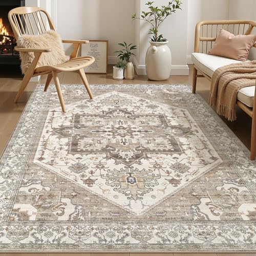 Area Rug for Living Room - 5x7 Washable Oriental Vintage Floral Large Soft Carpet - Fade Stain Resistant Non Slip Rugs for Bedroom Dining Room Nursery Dorm Office Home Decor - Beige Brown by homewill