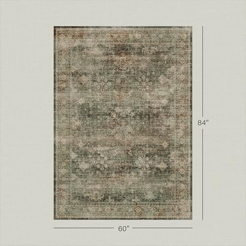 Vintage Olive Green Area Rugs for Living Room, Dining Room Under Table, 5x7 Washable Boho Dark Academia Distressed Geometric Large Rug, Stain Resistant Low Pile Anti-Slip Ultra Soft - Image 2