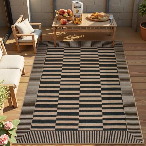 Lahome Striped Outdoor Patio Rug 5x7, Black Washable Rug for Living Room by Lahome
