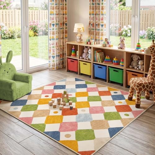 jinchan Checkered Square Rug 5x5 Washable Colorful Kids Room Play Mat by JINCHAN