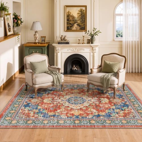 3x5 Boho Washable Area Rugs, Non Slip Indoor Foldable Carpets, Retro Red - Image 3