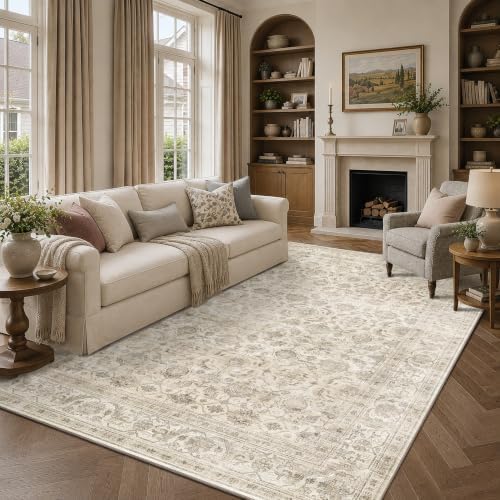 JOOJA 5x8 Beige Neutral Vintage Washable Area Rug, Low Pile Living Room Rug - Image 2