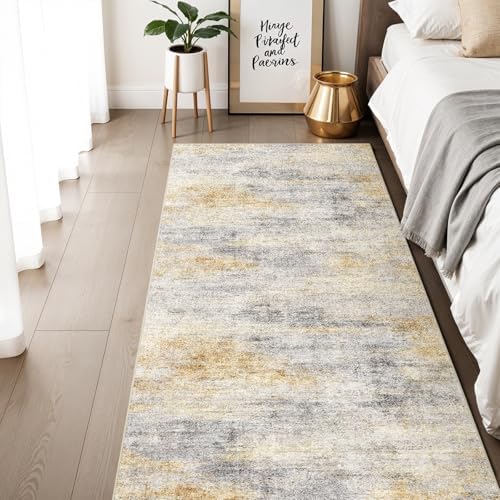 3x6 Runner Rug Washable Abstract: Non Slip Hallway Floor Mat Grey/Yellow - Image 3