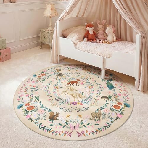 jinchan 5ft Round Kids Rug Washable Whimsical Nursery Playroom Rug, Cream - Image 5