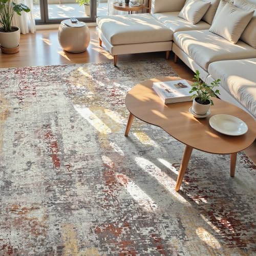 Living Room Rug 9x11 Beige Area Rugs Machine Washable Abstract Boho Large Rug Non-Slip Non-Shedding Faux Wool Indoor Vintage Carpet for Bedroom, Classroom, Dining Room, Kids Playroom - Image 3