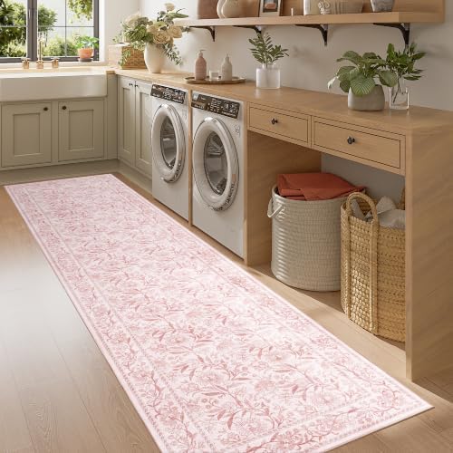 DUKINO 2x8 Runner Rug, Washable Vintage Floral Kitchen Rugs, Light Pink - Image 5