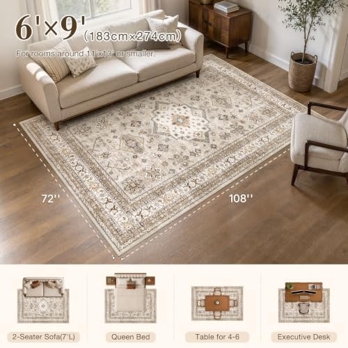 cotiled 6x9 Area Rug for Living Room, Washable, Traditional, Beige - Image 2