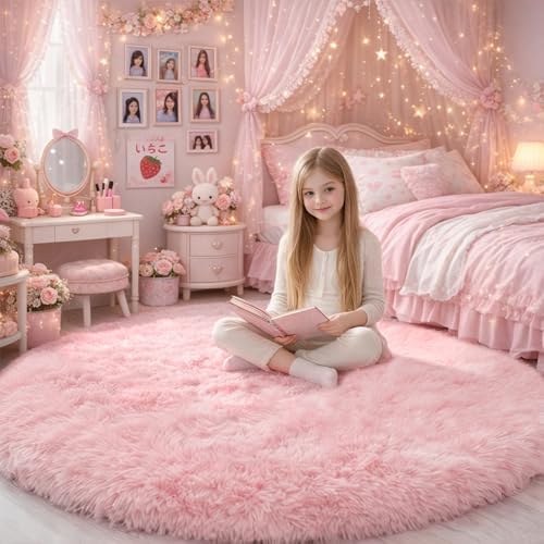 Amdrebio Pink Big Fuzzy Furry Circle Rug 8Ft for Living Room Girls Bedroom by Amdrebio