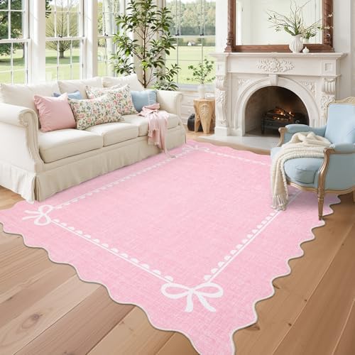 GarveeHome Scalloped Bow Rug 9x12 Washable Pink Rug for Bedroom Living Room by GarveeHome
