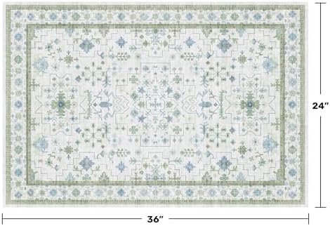 Washable Boho Bathroom Rug 2x3 - Small Throw Area Rugs for Powder Room, Laundry, Kitchen, Blue and Green Oushak Modern Eclectic Geometric Floral Pastel Decor, Low Pile Non-Slip Stain Resistant - Image 2