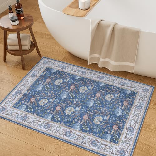 DUKINO 2x3 Rug, Washable Vintage Floral Bathroom Rugs Non Slip, Sky Blue - Image 5