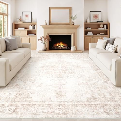 Vintage Living Room Area Rug - 8x10 Large Machine Washable Boho Moroccan Rug Distressed Farmhouse Rugs for Bedroom - Soft Non-Slip Indoor Carpet for Dining Room Office Nursery(Retro Beige, 8'x10') - Image 2