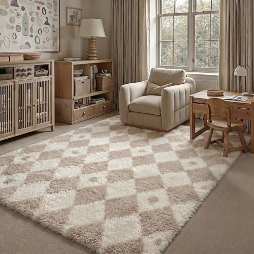 PureCozy Beige 5x8 Area Rug for Living Room Soft Checkered Shag Carpet by PureCozy