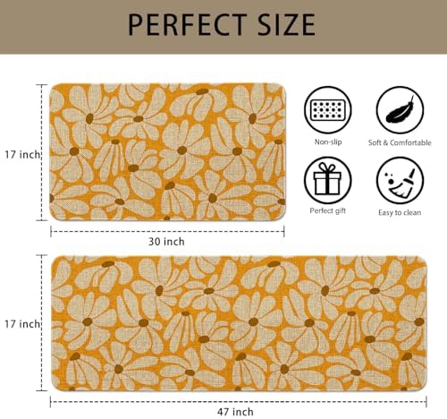 Spring Daisy Floral Kitchen Mats Decor, Yellow Retro Groovy Flower Power Kitchen Rugs Sets of 2, Vintage 1970s Floral Rug Home Decorations Indoor - Image 3