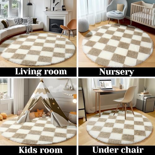 KICMOR Round Rugs 5ft for Bedroom Living Room, Fluffy Soft Circle Area Rug Fuzzy Shag Shaggy Carpet, Beige and Cream White Checkered Circular Rug for Kids Girls Boys Nursery Home Decor Aesthetic - Image 5