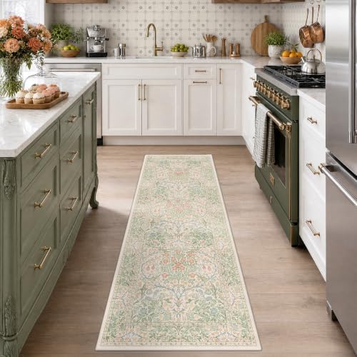 Hazo Haus Non Slip Beige Green Runner Rug - Long Runner Rugs 24 x 72 Washable Rug for Kitchen Floor Mat, Bathroom, Laundry Room, Hallway - Vintage Floral Design Décor (2x6 Beige Green) by HazoHaus