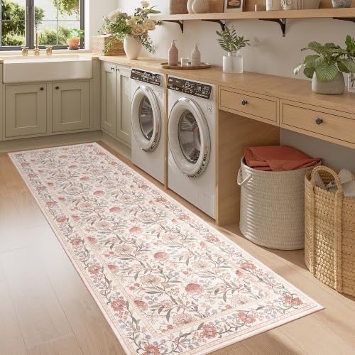 DUKINO 2x6 Runner Rug, Washable Vintage Floral Kitchen Rug, Beige Pink - Image 5