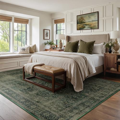 Dark Green 8x10 Rugs for Living Room, Vintage Distressed Large Rug for Bedroom Under Bed, Washable Non Slip Low Pile Moody Earth Tone Carpet Rugs for Dining Room Home Office - Image 3