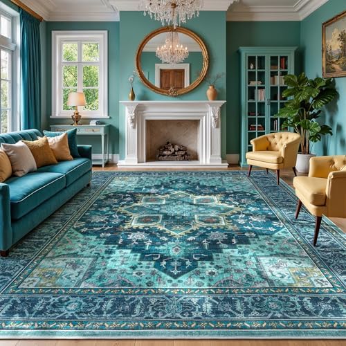9x12 Turquoise Large Area Rugs for Living Room, Boho Washable Rug by Vibrug