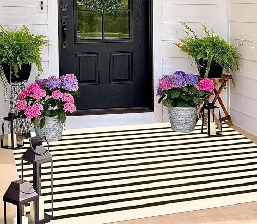 Outdoor Rug 3'x 5',Black and Beige Striped Front Porch Rug Entrance Decor - Image 5