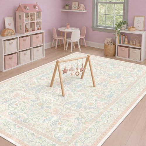 Pink and Blue Rugs for Bedroom Girls 5x8 - Girl Nursery Décor Non Slip, Kids Rugs for Playroom,Carpet for Dorm with Floral & Botanical Design, Cottage Oushak Carpet for Small Living Room by Evyhood