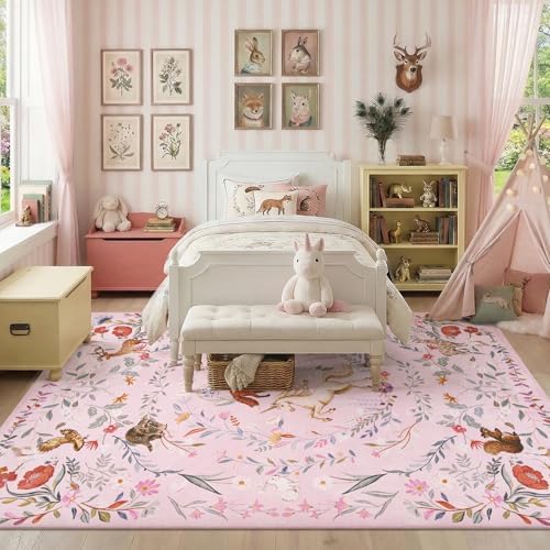 jinchan 6x9 Kids Rug Washable Playroom Rug Whimsical Unicorn, Lavender Pink - Image 4