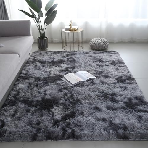 Shag Area Rugs for Bedroom Living Room,8X10 Ultra Soft Fluffy Area Rugs for Dorm, Indoor Carpet Nursery Rugs for Kids Girls Room Home Decor, Black Grey by Boshengya