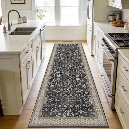 Washable 2' x 6' Runners for Hallways (Charcoal Blush Ivory) by Unknown