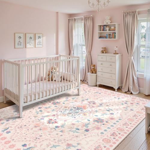 Wonnitar Boho Floral 8x10 Pink Area Rug, Washable Kids Rugs for Bedroom, Large Ultra-Thin Soft Non Slip Carpet for Nursery Living Room Playroom Classroom, Pastel Pink - Image 4
