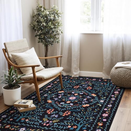 4x5 Area Rug Washable Vintage: Non Slip Entryway Floor Carpet Black Blue - Image 5