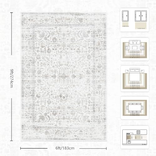 6x9 Area Rugs, Washable Vintage Retro Floral Rug for Living Room, Low Pile Non Slip Distressed Large Carpet for Bedroom, Dining Room, Office, Home (Beige & White) - Image 2