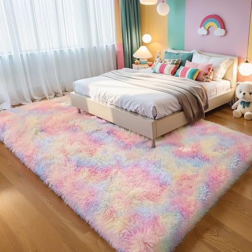5x7 Thick Rainbow Unicorn Rug for Girls Bedroom, Soft Plush Shag Carpet - Image 6