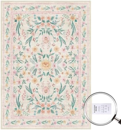 Pink Floral Area Rug 6x9,Soft Washable Girls Bedroom Rug for Nursery, Living Room or Playroom,Boho Vintage Non-Slip Carpet for Kids or Teen Girl Room Decor - Image 5