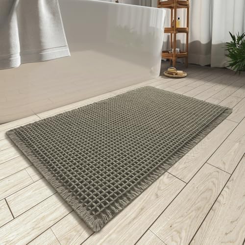AMOAMI Upgraded Waffle Bath Mat, Super Absorbent Non Slip Bath Mats for Bathroom Floor, Machine Washable Bathroom Rugs with Tassels, Rubber Backed Bathroom Mats, Ultra Soft, 24" x 36", Green by AMOAMI