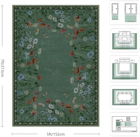 5x7 Area Rugs, Rug for Bedroom, Indoor Non-Slip Washable Rugs for Living Room, Dining Room, Low Pile Home Decor Floral Rug(Green) - Image 2