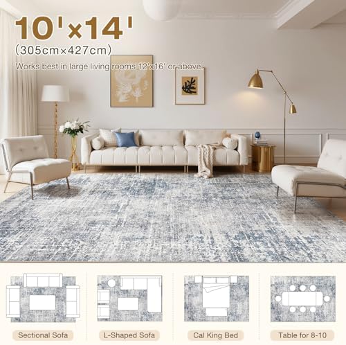 kakania Abstract 10x14 Area Rugs for Living Room: Washable Rugs Blue Grey - Image 2