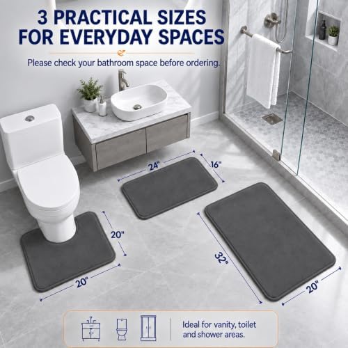 Bathroom Rugs Extra Soft Memory Foam Bath Mat Sets 3 Piece Non Slip Absorbent & Dry Living Mat Sets Washable Bath Carpets with Toilet Rug,Bath Rugs for Bathroom,Tub,Shower,Kitchen,Bedroom - Image 2