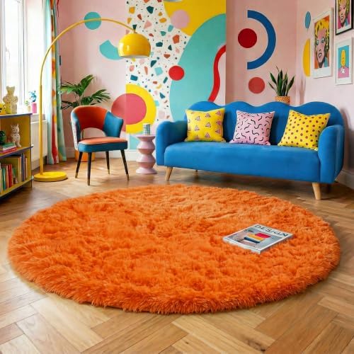 Amdrebio Orange Round Shag Kids Rug 4Ft for Bedroom Living Room Classroom by Amdrebio
