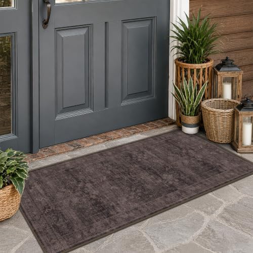 Washable 2x4 Entry Rug for Entryway, Bathroom & Kitchen, Dark Taupe Brown Low Pile Non-Slip Front Door Mat, Vintage Farmhouse Distressed Geometric Accent Rug, Stain Resistant, Easy to Clean by Unknown