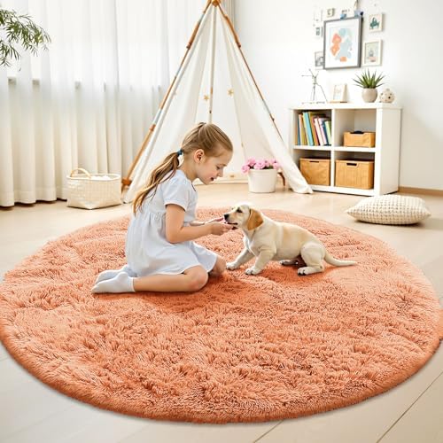 OLANLY Muted Orange Round Rugs for Bedroom - Machine Washable, 8 ft Circle Area Rugs for Living Room, Soft and Fluffy Shaggy Carpet for Teen Girl and Boys, Nursery Rooms, Dorms, Home Decor Aesthetic - Image 2