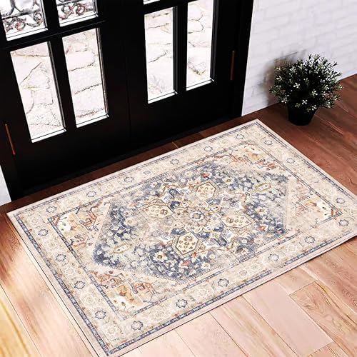 CHAMPLANT 2'x3' Blue Khaki Area Rug Washable Door Mat Vintage Distressed Doormat Indoor Entrance Traditional Thin Floral Print Non Slip Carpet for Kitchen Bathroom Bedroom Living Room by CHAMPLANT