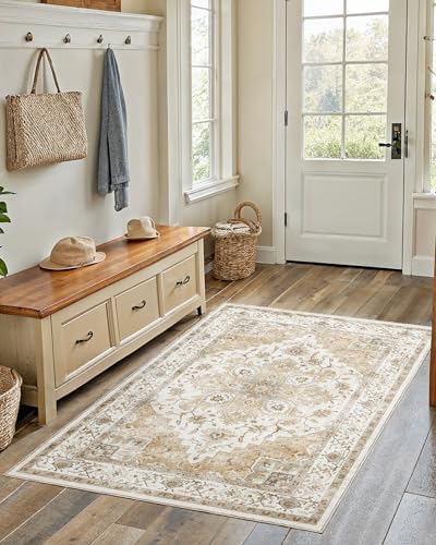Amada 3x5 Washable Area Rug for Bedroom, Beige, Vintage Pattern by AMADAHOMEFURNISHING