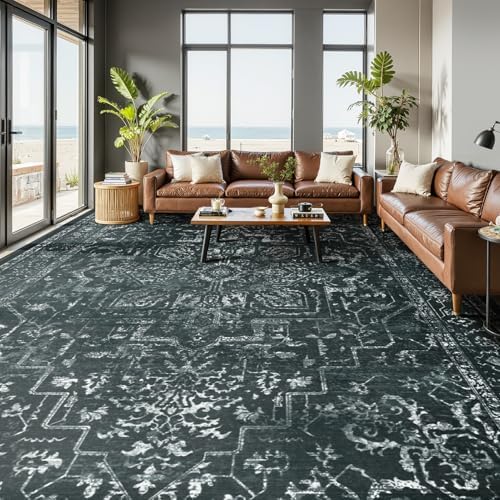 Black White Large 10x14 Area Rugs, Washable Non Slip Big Rug for Living Room Bedroom, Distressed Medallion Vintage Dark Big Carpet Rugs for Dinig Room Family Rooms, Low Pile Thin by Jainmy